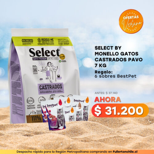 PROMOCION SELECT BY MONELLO GATOS CASTRADOS PAVO 7 KG + BEST PET  6 SOBR. GATO SALMON